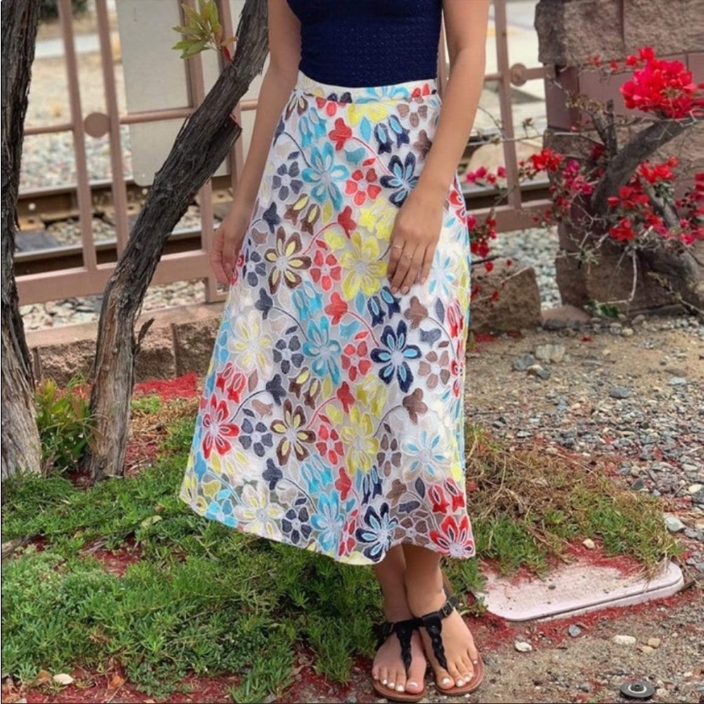 Eva Franco Anthropologie Embroidered Floral Midi Mesh Skirt Size 4